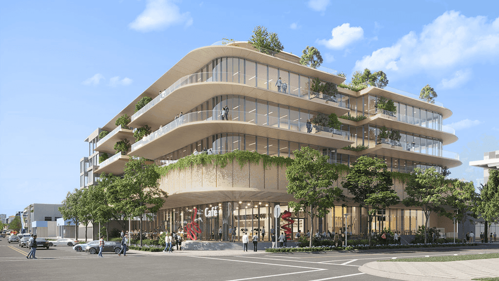 Architectural render of a modern, multi-story office building with curved terraces and green spaces