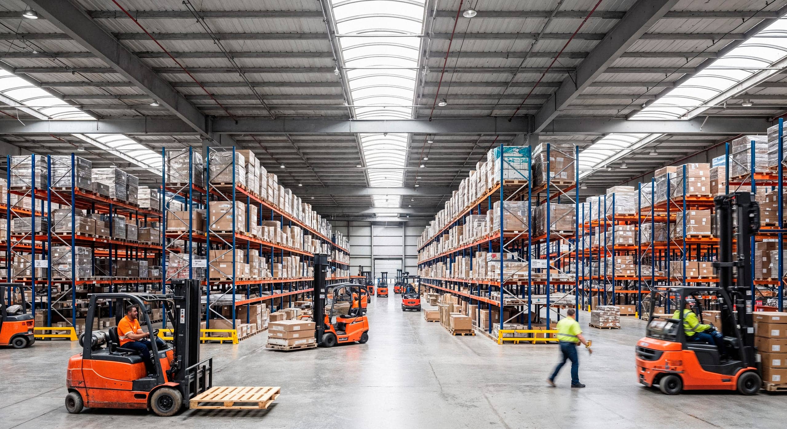 Warehouse workers using a pallet jack to move boxes in a large, well-stocked distribution center