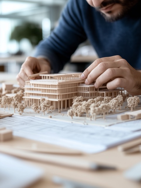 Hands carefully placing a piece on a detailed architectural model of a multi-story building